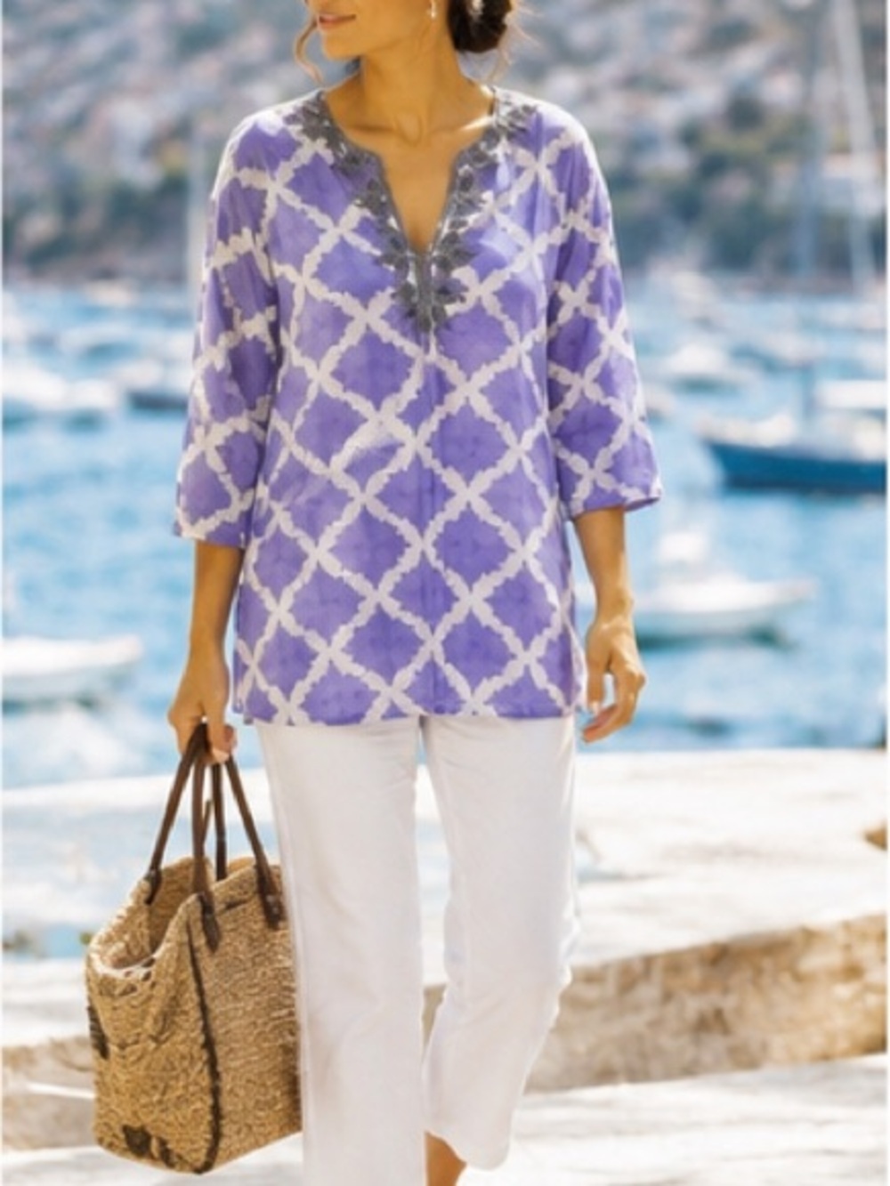 Roberta Roller Rabbit tunic v neck purple white batik cotton 3/4 sleeves Size M